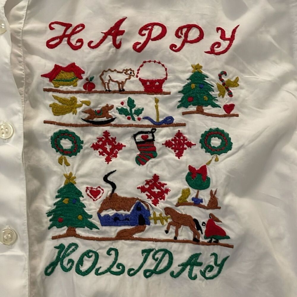 Erika & Company Vintage White Cotton Holiday Embroidered Shirt Womens Size Large - Picture 10 of 11